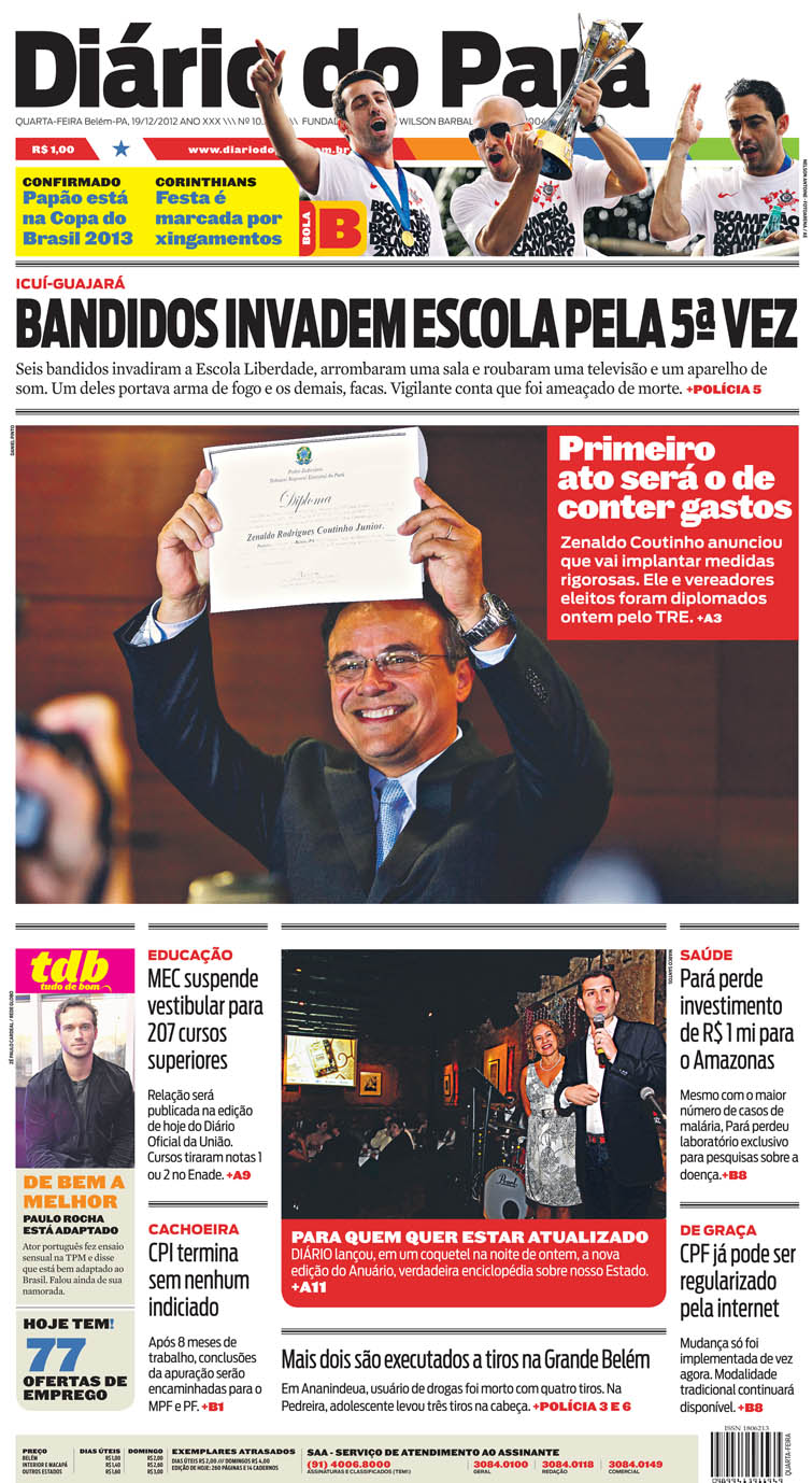 Capa do DIÁRIO, edição de quarta-feira, 19