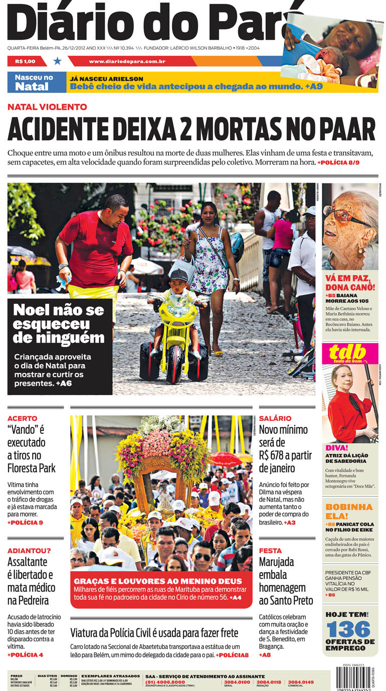 Capa do DIÁRIO, edição de quarta-feira, 26