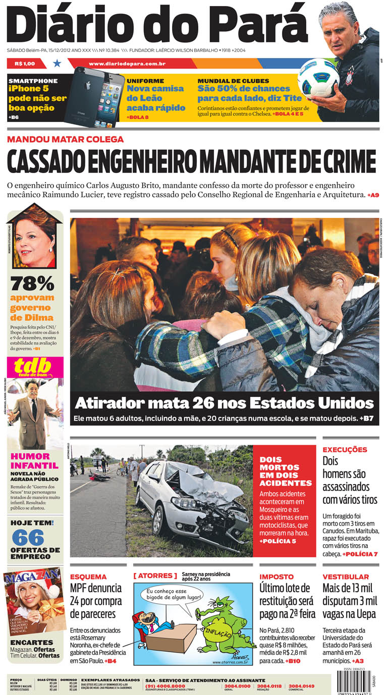 Capa do DIÁRIO, edição de sábado, 15