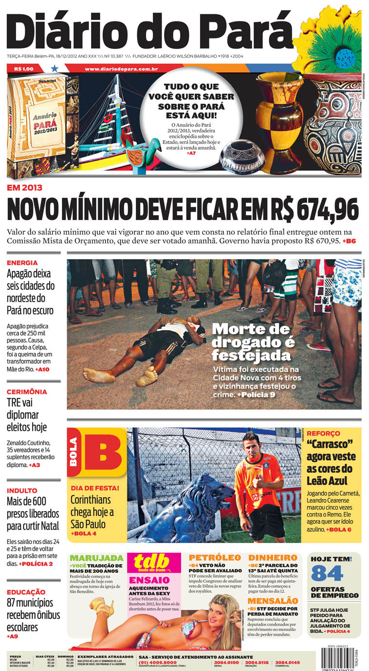 Capa do DIÁRIO, edição de terça-feira, 18