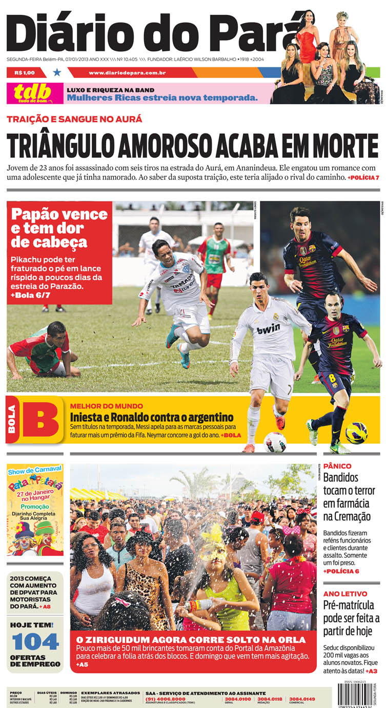 Capa do DIÁRIO, edição de segunda-feira, 07