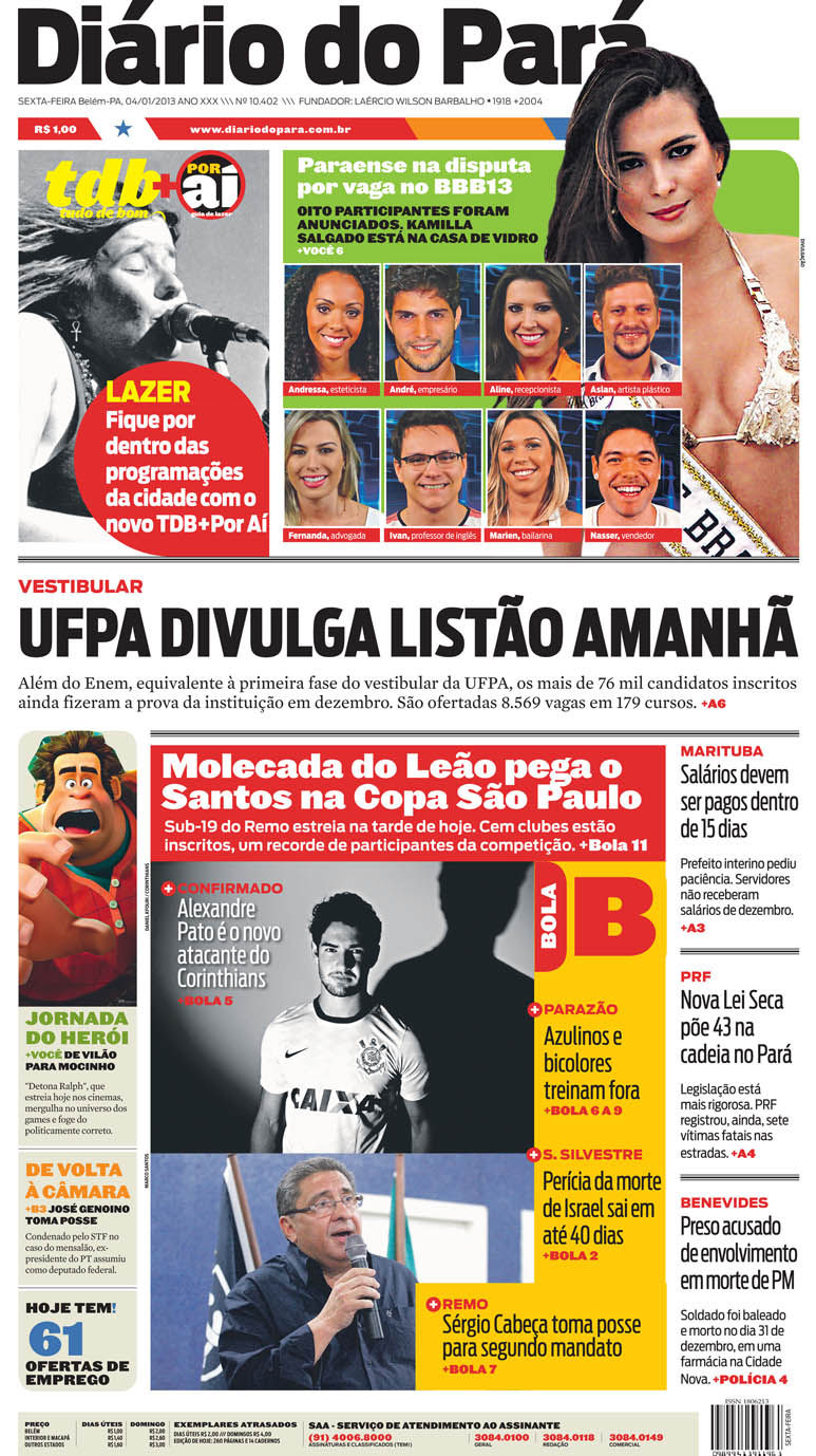 Capa do DIÁRIO, edição de sexta-feira, 04
